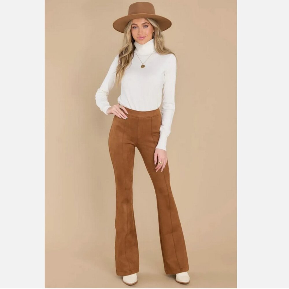 SPANX Womens Faux Suede Flare Pants Rich Caramel Size S Pull On Shapewear NWT